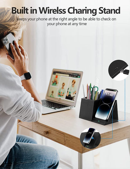 Pen Holder with Wireless Charger, Compatible with Iphone 17/16/15/14/13/12/11/8 Series, Pencil Holder Phone Stand for Desk Home Office, Men Gift Husband Wife Anniversary Dad Birthday Idea Gadget