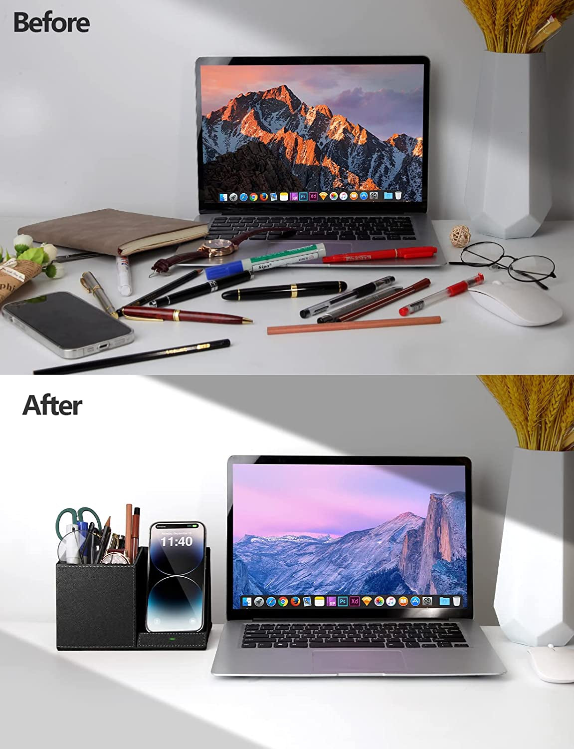 Pen Holder with Wireless Charger, Compatible with Iphone 17/16/15/14/13/12/11/8 Series, Pencil Holder Phone Stand for Desk Home Office, Men Gift Husband Wife Anniversary Dad Birthday Idea Gadget